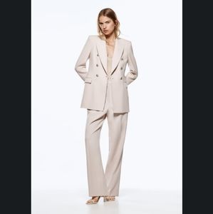 Zara Double Breasted Long Blazer Beige Size Small